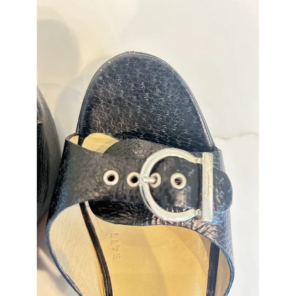 Salvatore Ferragamo Agostina Black Pebble Calf Leather Wedge Sandals 9B Italy